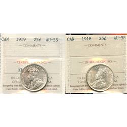 1918 25¢ Choice About Uncirculated-58 & 1919 Choice About Uncirculated-55.  Lot of 2 ICCS graded coi