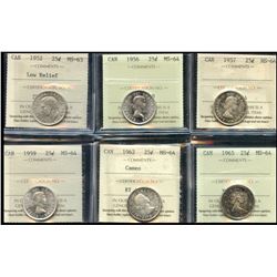 1952 25¢ LR  M63, 1956, 1957, 1959, 1962 & 1965 Choice Mint State-64.  Lot of 6 ICCS graded coins.