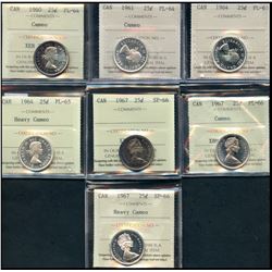 1960 25¢, 1961 PL64 Cam, 1964 PL65, 1964 PL65 HC, 1967 PL66 Cam & 1967 SP66(2).  Lot of 7 ICCS grade