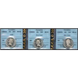 1963 25¢(2) & 1968 CCCS Gem Mint State-65.  Lot of 3 coins all with Cameo to Heavy Cameo designation
