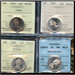1965 25¢, 1967, 1968 Silv(2).  Lot of 3 ICCS and 1 CCCS Heavy Came graded coins.