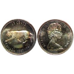 1967 25¢ PCGS Superb Gem Mint State-66.  Light golden tones.