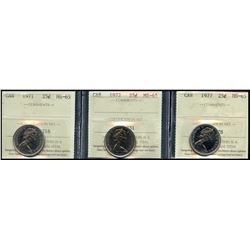 1971 25¢, 1972 & 1977 ICCS Gem Mint State-65.  Lot of 3 coins.