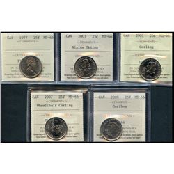 1977 25¢, 2007 skiing, Curling, Wheelchair & 2008 Caribou all ICCS Superb Gem Mint State-66.  Lot of