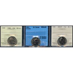 1980 25¢, 2001P ICCS Gem Mint State-65 & 1991 CCCS Choice Mint State-63.  Lot of 3 coins.