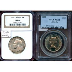 1952 50¢ & 1962 Choice Mint State-64.  Lot of 2 coins PCGS and NGC graded respectively.