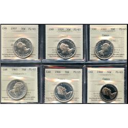 1957 50¢, 1959, 1960, 1965, 1966 & 1968 all ICCS PL65.  Lot of 6 coins some with Cameo designations.