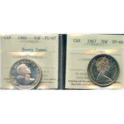 1960 50¢ PL67 Hvy Cameo & 1967 SP66.  Lot of 2 ICCS graded coins.