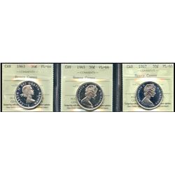 1963 50¢, 1965 & 1967 ICCS PL66 Heavy Cameo.  Lot of 3 coins.