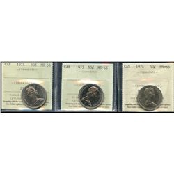 1971 50¢, 1972 & 1974 ICCS Gem Mint State-65.  Lot of 3 coins.