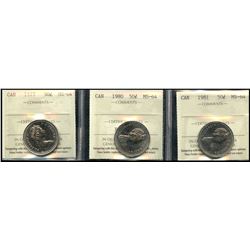 1977 50¢, 1980 & 1981 ICCS Choice Mint State-64.  Lot of 3 coins.