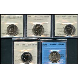 1990 50¢, 1991, 1995, 1998 all ICCS & 2005P CCCS.  Lot of 5 x Gem Mint State-65 graded coins.