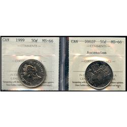 1999 50¢ & 2002P ICCS Superb Gem Mint State-66.  Lot of 2 coins.