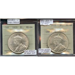 1935 $1 Choice Mint State-64 & Rev-003 Choice Mint State-64.  Lot of 2 ICCS graded coins.