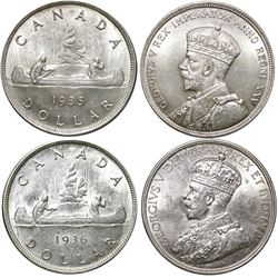 1935 $1(2), 1936, 1937 & 1949(2).  Lot of 5 lustrous UNC coins and 1 x 1935 EF.  Also includes 1964 