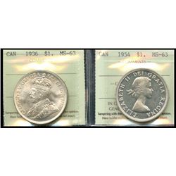 1936 $1 & 1954 ICCS Choice Mint State-63.  Sharp full white issues.  Lot of 2 coins.