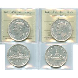1950 $1 & 1952 ICCS Choice Mint State-63.  Lot of 2 coins.