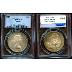 1958 $1 PCGS Gem Mint State-65.  Gem light beige and olive green tones.