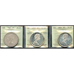 1962 $1, 1965 LgBds Blt Heavy Cameo & 1967 ICCS PL65.  Lot of 3 ICCS graded coins.