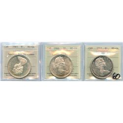 1965 $1 LgBds Blt, 1966 & 1967 ICCS Choice Mint State-64.  Lot of 3 coins with 1965 designated Cameo