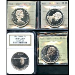 1967 $1 SP66(2), PL66 all ICCS & NGC PL65 Cameo.  Lot of 4 coins.