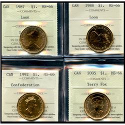 1987 $1 Loon, 1988, 1992 Confed & 2005 T Fox ICCS Superb Gem Mint State-66.  Lot of 4 coins.