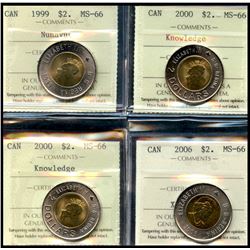 1999 $2 Nunavut, 2000 Knowledge(2) & 2006 all ICCS Superb Gem Mint State-66.  Lot of 4 coins.