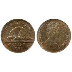 Error; 1981 5¢ 2.74 G, Struck on Copper planchet, CCCS MS-60