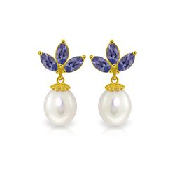 Genuine 9.5 ctw Tanzanite & Pearl Earrings 14KT Yellow Gold - REF-43V4W