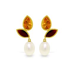 Genuine 16 ctw Pearl, Garnet & Citrine Earrings 14KT Yellow Gold - REF-42Z2N
