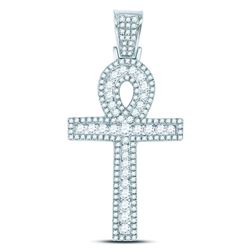 1 CTW Mens Round Diamond Ankh Cross Charm Pendant 10kt White Gold - REF-60M3A