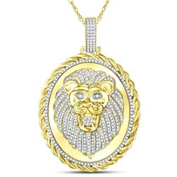 1 CTW Mens Round Diamond Oval Lion Face Rope Charm Pendant 10kt Yellow Gold - REF-95Y9X