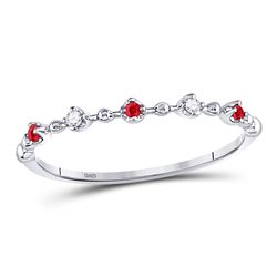 1/20 CTW Round Ruby Diamond Beaded Stackable Ring 10kt White Gold - REF-9R3H