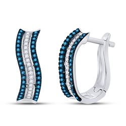 1/4 CTW Round Blue Color Enhanced Diamond Striped Hoop Earrings 10kt White Gold - REF-24A3N