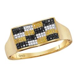 1/4 CTW Mens Round Black Yellow Color Enhanced Diamond Checkered Cluster Ring 10kt Yellow Gold - REF