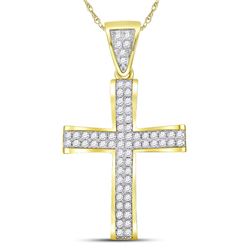 1 CTW Mens Round Diamond Roman Cross Charm Pendant 10kt Yellow Gold - REF-71X9T