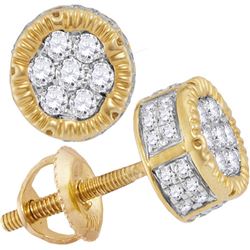 1/2 CTW Mens Round Diamond 3D Circle Cluster Stud Earrings 10kt Yellow Gold - REF-30H3W