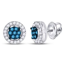 1/4 CTW Round Blue Color Enhanced Diamond Cluster Stud Screwback Earrings 10kt White Gold - REF-15X3