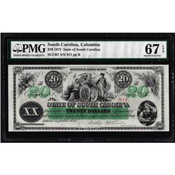 1872 $20 State of South Carolina Revenue Bond Obsolete Note PMG Superb Gem Unc. 67EPQ