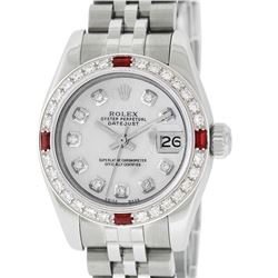 Rolex Ladies Stainless Steel Quickset Diamond & Ruby Datejust Wristwatch With Box