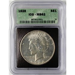 1928 $1 Peace Silver Dollar Coin ICG MS62