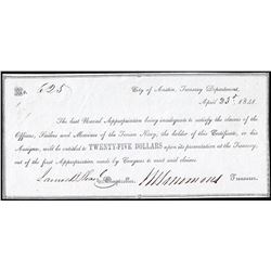 April 23, 1841 $25 City of Austin Treasury Department Warrant Note