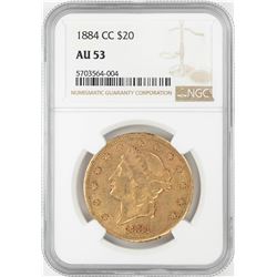 1884-CC $20 Liberty Head Double Eagle Gold Coin NGC AU53