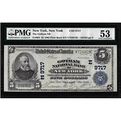 1902 PB $5 Gotham NB New York, NY CH# 9717 National Note PMG About Uncirculated 53