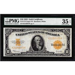 1922 $10 Gold Certificate Note Fr.1173 PMG Choice Very Fine 35EPQ