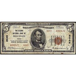 1929 $5 Second National Bank of Houston, Texas CH# 8645 National Currency Note