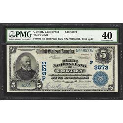 1902 PB $5 First NB of Colton, CA CH# 3573 National Currency Note PMG Extremely Fine 40