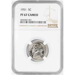 1951 Proof Jefferson Nickel Coin NGC PF67 Cameo