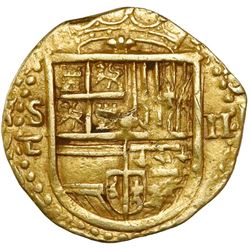 Seville, Spain, cob 2 escudos, Philip II, assayer Gothic D with open right side below mintmark to S 