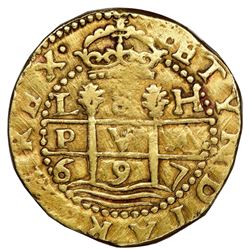 Lima, Peru, cob 8 escudos, 1697H, variety without dots in PVA, very rare, NGC AU 50.